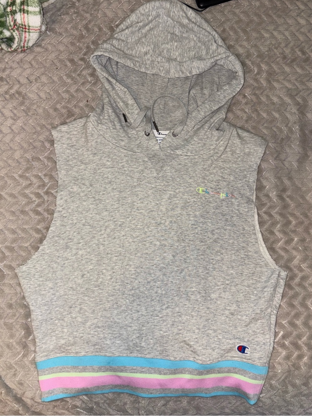 Champion Light Gray Sleeveless Hoodie with Pastel Blue, Pink & Mint Stripes